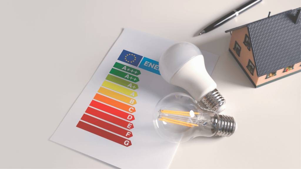 Etiqueta de eficiencia energética junto a dos bombillas y un modelo de casa sobre una mesa.
