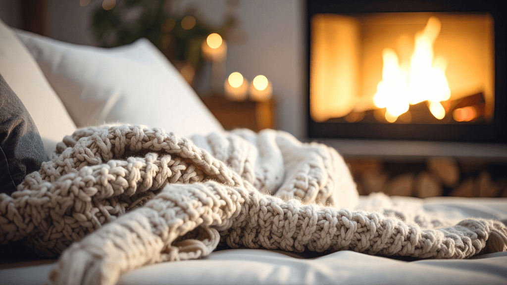Manta gruesa sobre una cama junto a una chimenea encendida, creando un ambiente cálido y acogedor.